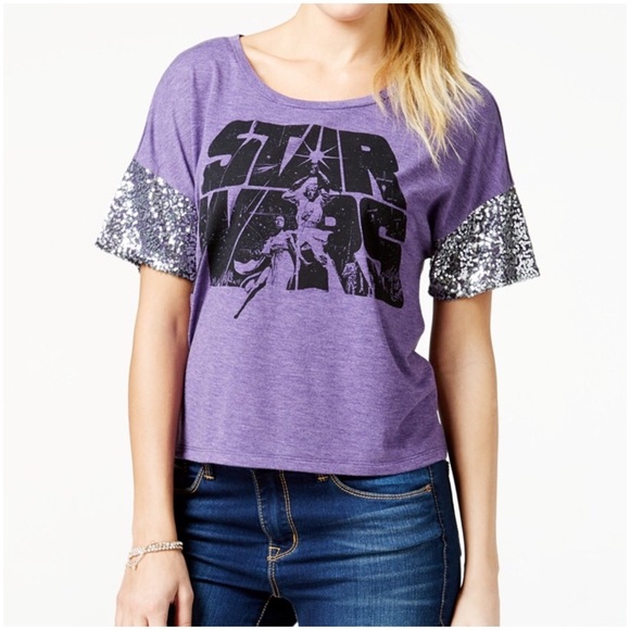 Star Wars Logo Silver Sequin Sleeve Purple Shirt - Picture 3 of 8